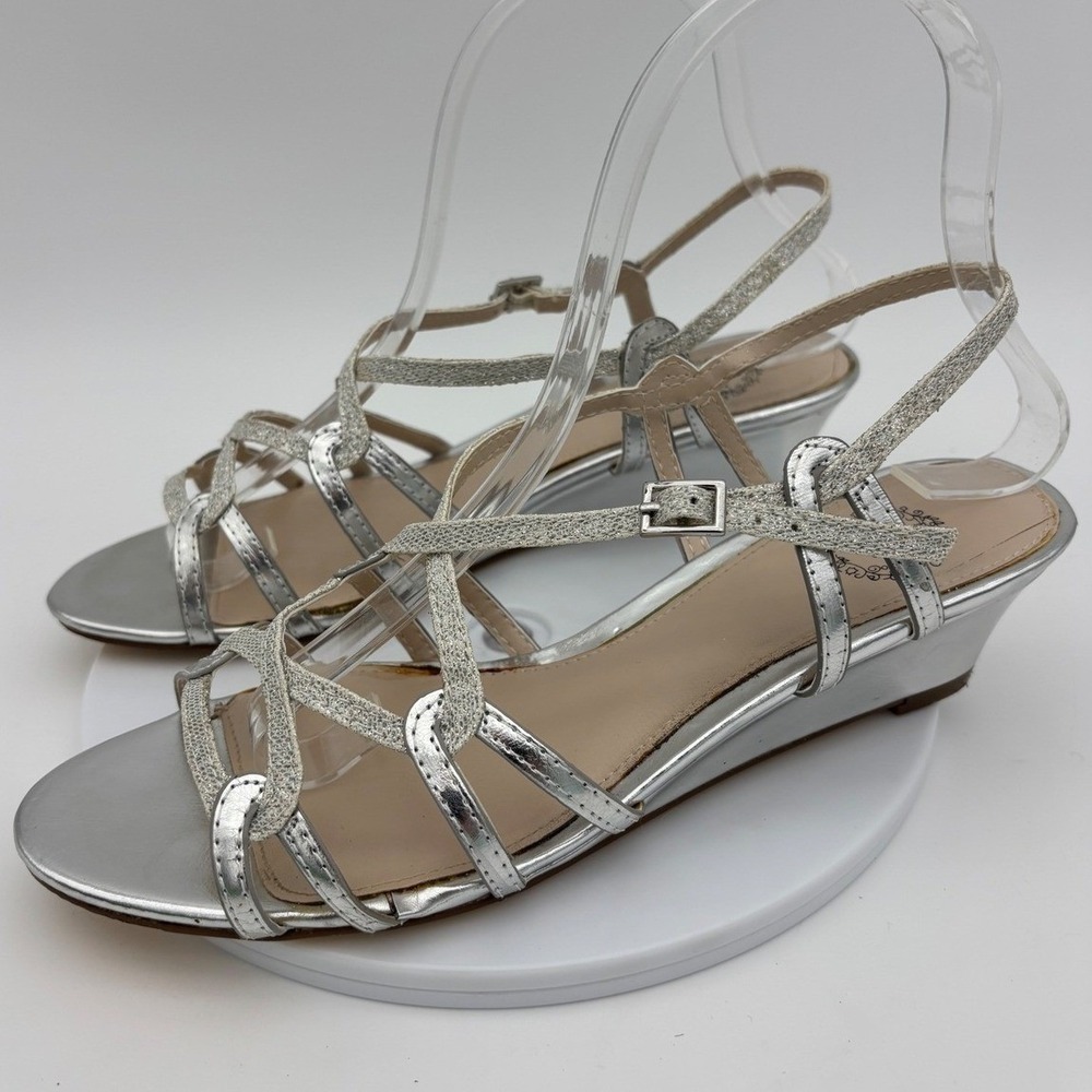 I. MILLER Silver Strappy Sandal Shoe Y2K Wedge Low Heel Kitten Sparkle Glitter